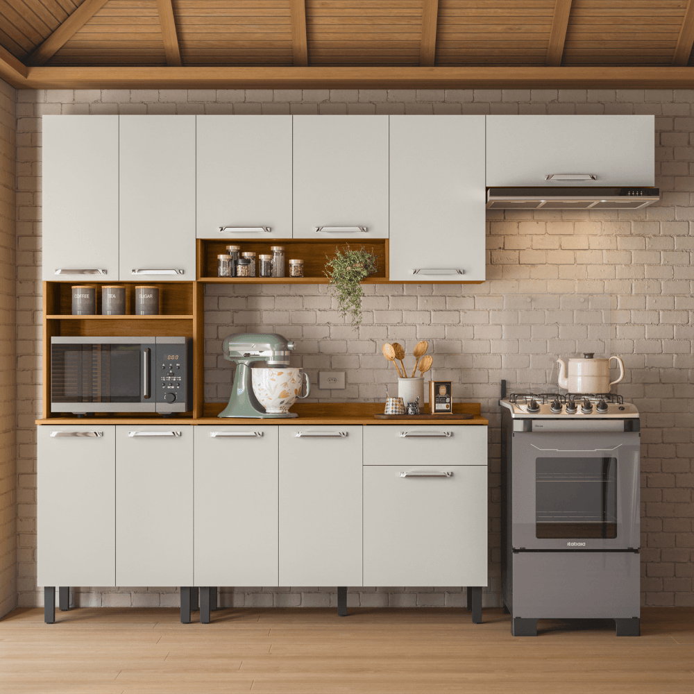 Armário de Cozinha Completa 254cm Vegas Off White Madeira Itatiaia
