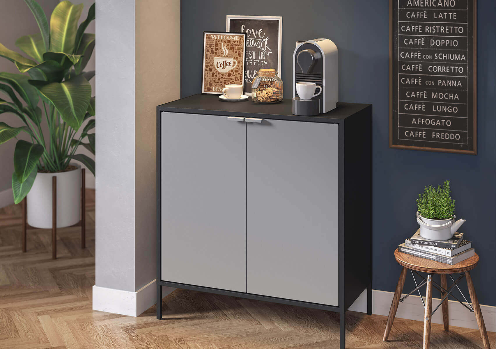 Balcão Multiúso Alto Itatiaia com 2 Portas em Aço Preto c/ Cinza Matte Smart