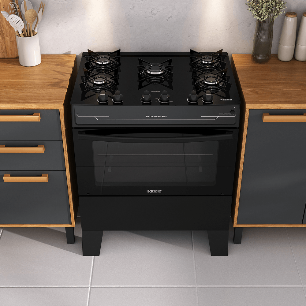Fogão Itatiaia Electra Glass Plus 5 Bocas com Mesa de Vidro Preto Bivolt