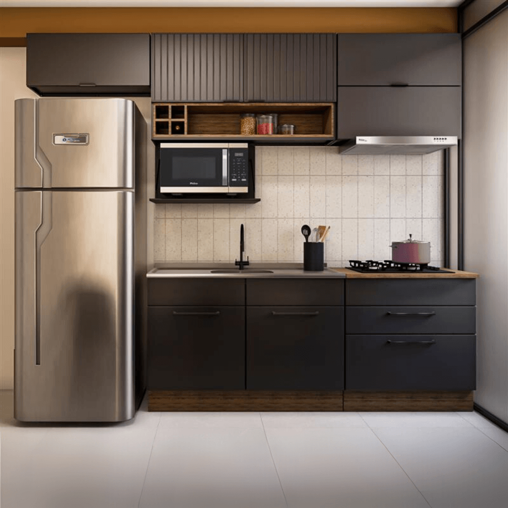 Cozinha Completa Itatiaia Exclusive 280cm em Aço Preto Matte com Nicho para Micro-ondas