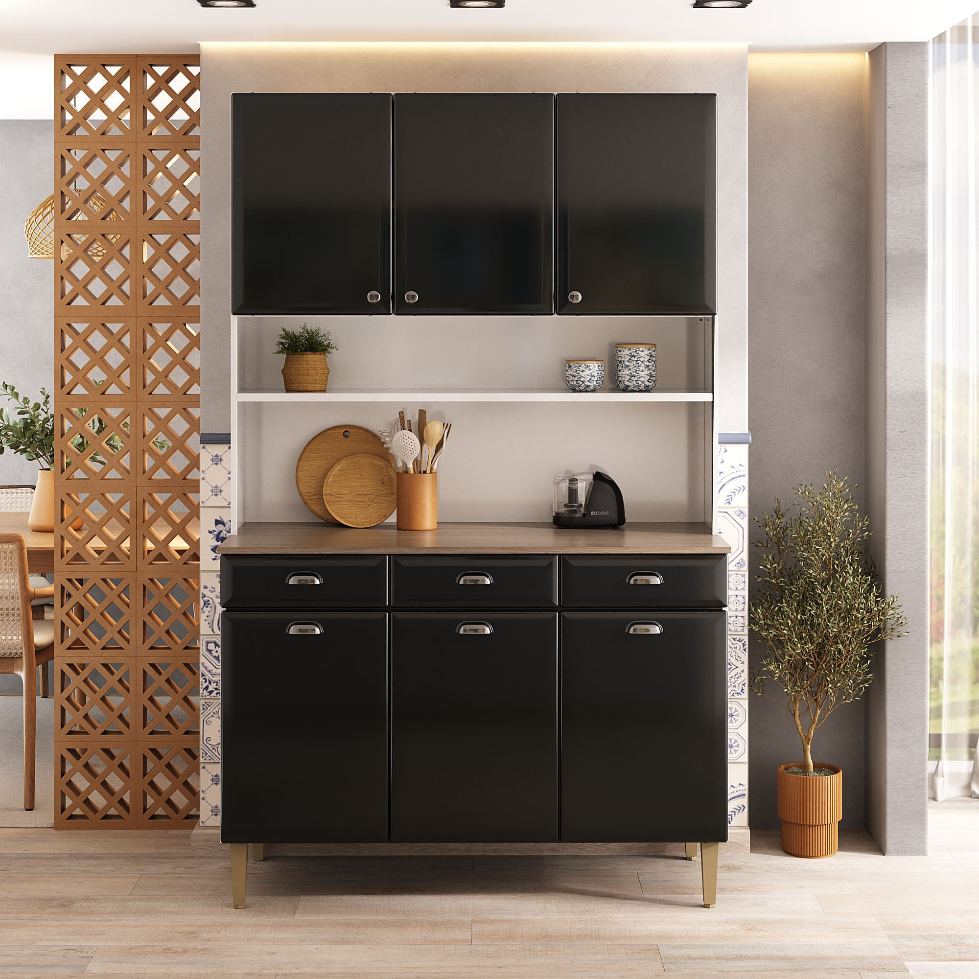 Kit de Cozinha Compacta Itatiaia Retrô 120cm em Aço Preto