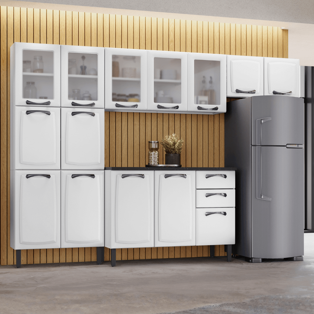 Cozinha Completa Itatiaia New Premium 280cm em Aço Branca com Portas de Vidro