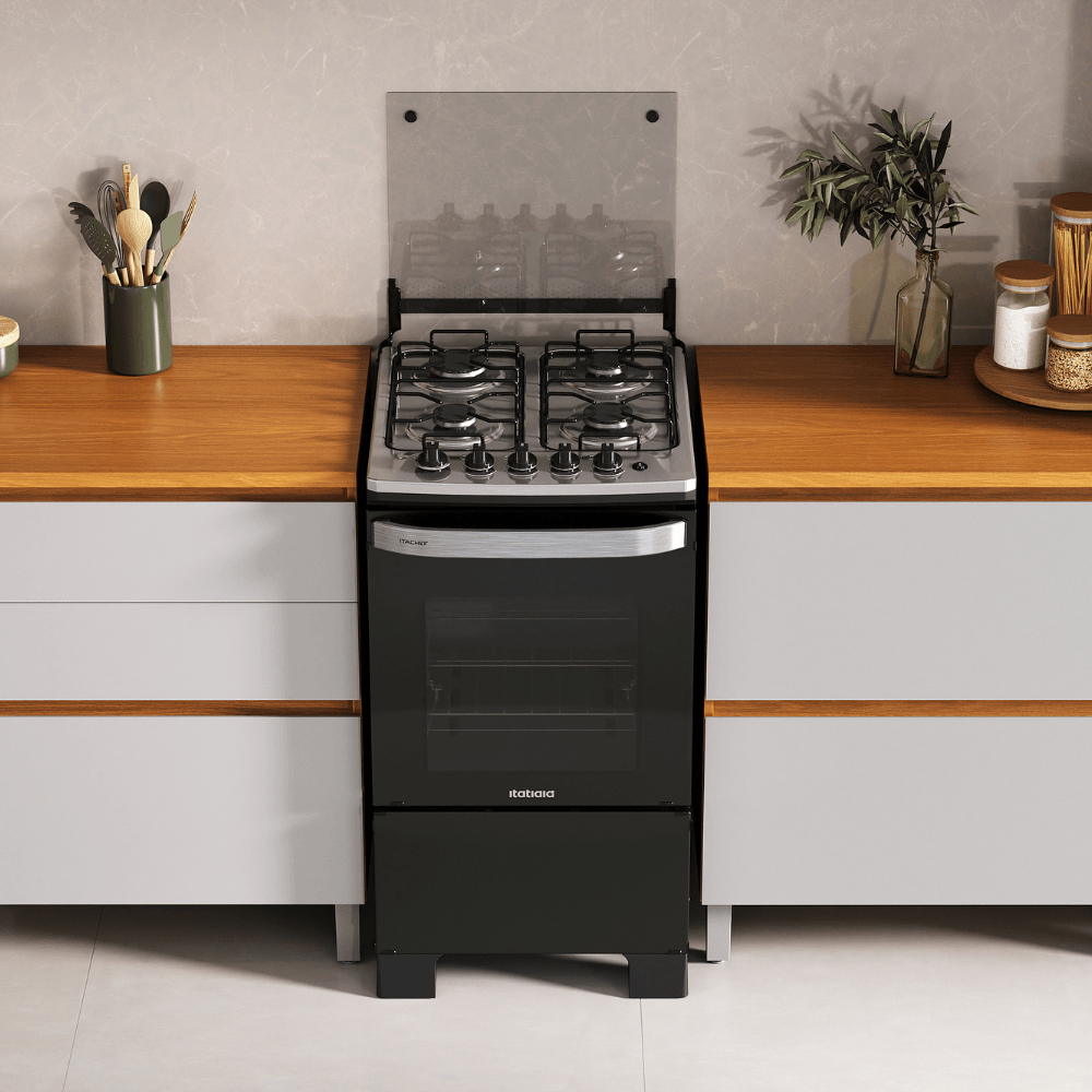 Fogão 4 Bocas Itatiaia Preto Itachef com Mesa de Aço Inox
